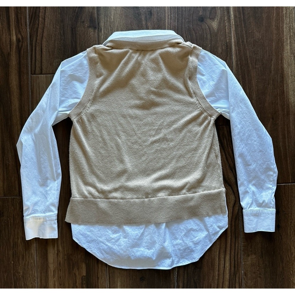 Ann Taylor Mixed Media Sweater Vest‎ Layered Shirt Tan White Small FA24 - Picture 2 of 7